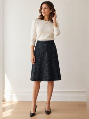 Della Spiga Black Patterned Knee Length Skirt A-Line Pull-On -XS-Noir Essential